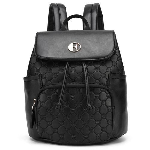 ELLE Compass 10L Vegan Leather Monogram Mini Backpack in brown, featuring compact