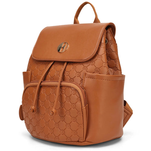 ELLE Compass 10L Vegan Leather Monogram Mini Backpack in brown, featuring compact