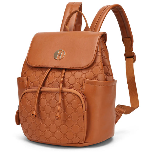 ELLE Compass 10L Vegan Leather Monogram Mini Backpack in brown, featuring compact