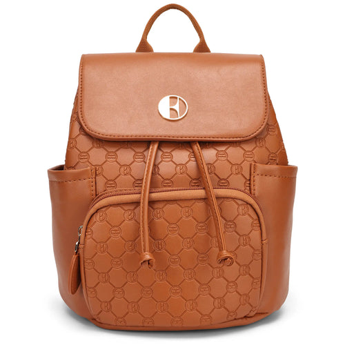 ELLE Compass 10L Vegan Leather Monogram Mini Backpack in brown, featuring compact