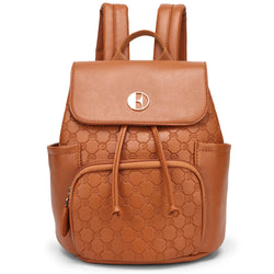 ELLE Compass 10L Vegan Leather Monogram Mini Backpack in brown, featuring compact