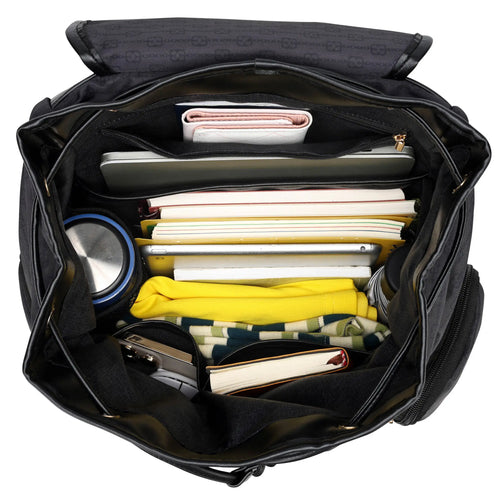 interior of Eleganza 25L Monogram Backpack showing laptop pocket - premium ELLE collection