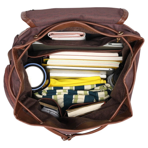 interior of Eleganza 25L Monogram Backpack showing laptop pocket - premium ELLE collection