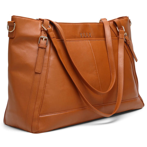 ELLE Leisure Luxe 33L Vegan Leather Weekender Tote Bag in brown, featuring laptop pocket