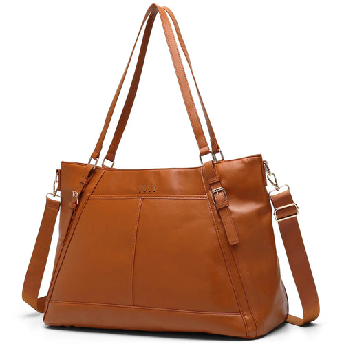 ELLE Leisure Luxe 33L Vegan Leather Weekender Tote Bag in brown, featuring laptop pocket