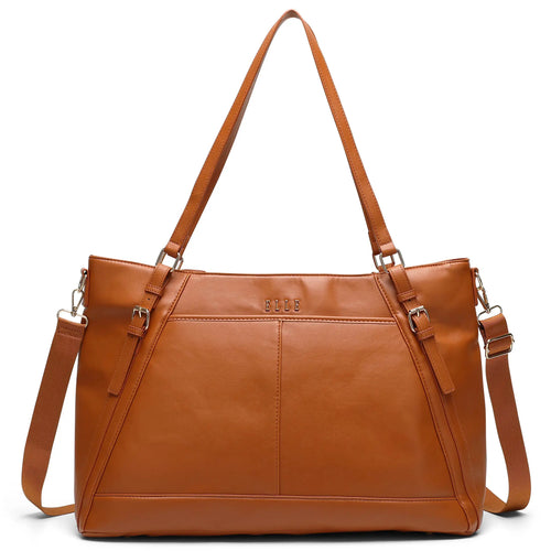 ELLE Leisure Luxe 33L Vegan Leather Weekender Tote Bag in brown, featuring laptop pocket