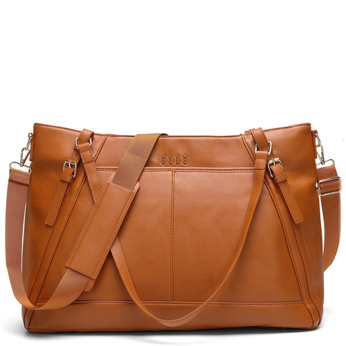 ELLE Leisure Luxe 33L Vegan Leather Weekender Tote Bag in brown, featuring laptop pocket