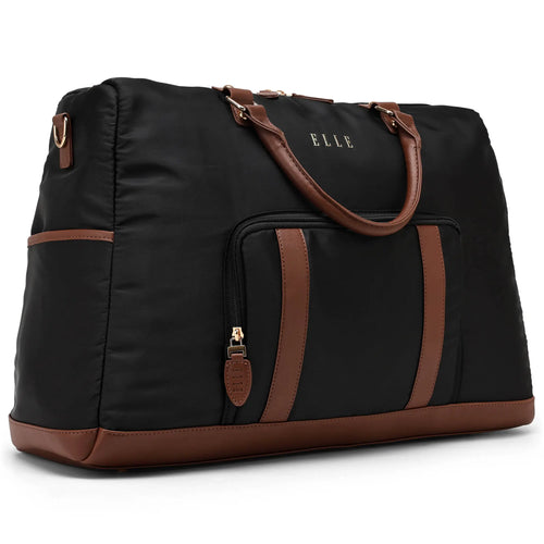 ELLE Luxe Journey 30L Twill and Vegan Leather Weekender Duffel Bag in black, featuring laptop pocket