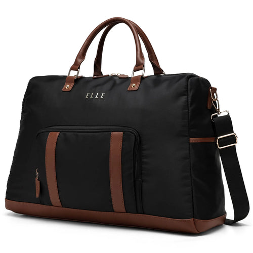 ELLE Luxe Journey 30L Twill and Vegan Leather Weekender Duffel Bag in black, featuring laptop pocket