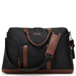 ELLE Luxe Journey 30L Twill and Vegan Leather Weekender Duffel Bag in black, featuring laptop pocket