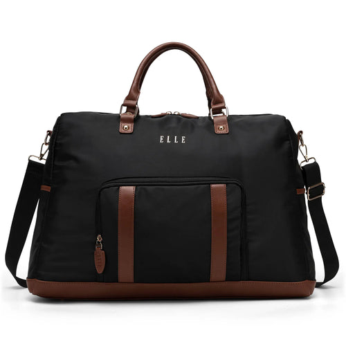 ELLE Luxe Journey 30L Twill and Vegan Leather Weekender Duffel Bag in black, featuring laptop pocket