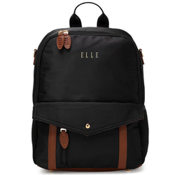ELLE Luxe Journey 18L Twill and Vegan Leather Backpack in black, featuring laptop pocket