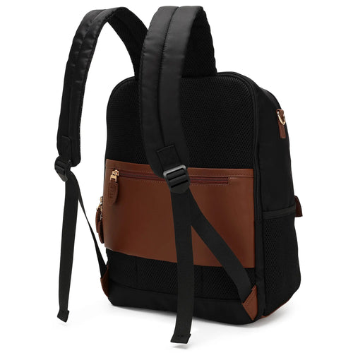 Back view of ELLE Luxe Journey 18L Twill and Vegan Leather Backpack - premium ELLE collection