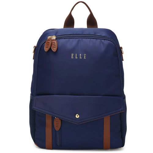 ELLE Luxe Journey 18L Twill and Vegan Leather Backpack in black, featuring laptop pocket