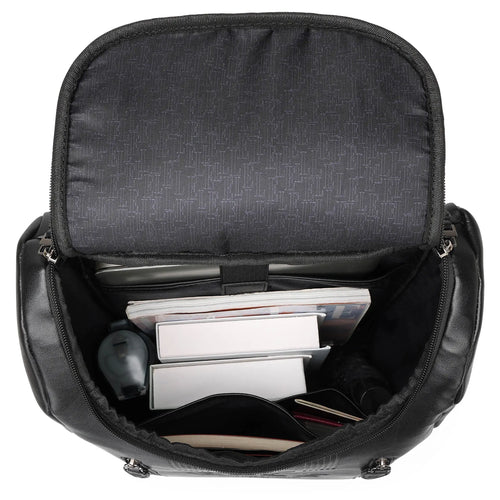 interior of Roamer 22L Vegan Leather Backpack showing laptop pocket - premium ELLE collection
