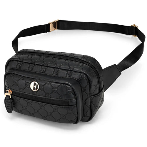 ELLE Compass 1.6L Vegan Leather Monogram Crossbody Bag | Black in black, featuring vegan leather