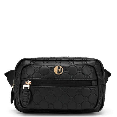 ELLE Compass 1.6L Vegan Leather Monogram Crossbody Bag | Black in black, featuring vegan leather