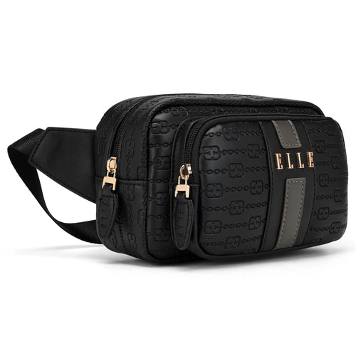 ELLE Eleganza 1.6L Vegan Leather Monogram Crossbody / Belt Bag | Black in black, featuring vegan leather