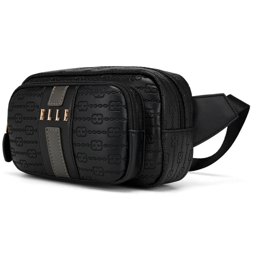 ELLE Eleganza 1.6L Vegan Leather Monogram Crossbody / Belt Bag | Black in black, featuring vegan leather