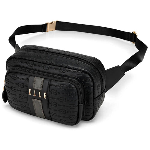 ELLE Eleganza 1.6L Vegan Leather Monogram Crossbody / Belt Bag | Black in black, featuring vegan leather