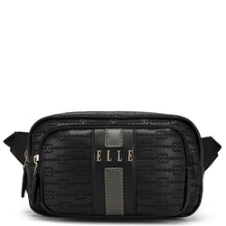 ELLE Eleganza 1.6L Vegan Leather Monogram Crossbody / Belt Bag | Black in black, featuring vegan leather