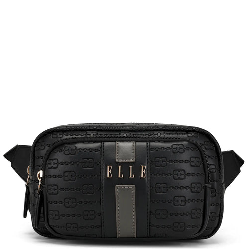 ELLE Eleganza 1.6L Vegan Leather Monogram Crossbody / Belt Bag | Black in black, featuring vegan leather