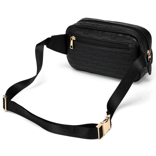 Back view of ELLE Eleganza 1.6L Vegan Leather Monogram Crossbody / Belt Bag | Black
