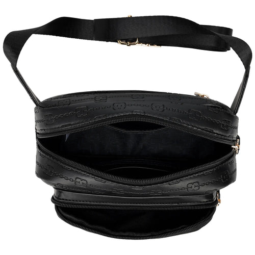 empty interior of Eleganza 1.6L Vegan Leather Monogram Crossbody / Belt Bag | Black showing storage options