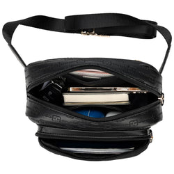 interior of Eleganza 1.6L Vegan Leather Monogram Crossbody / Belt Bag | Black showing storage options