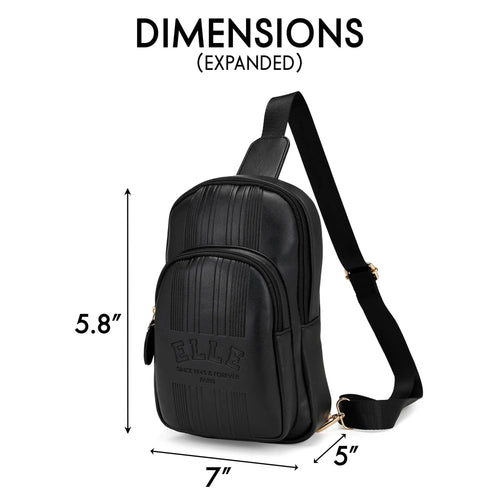 Dimensions and specifications for ELLE Roamer 2.8L Vegan Leather Chic Crossbody Sling | Black