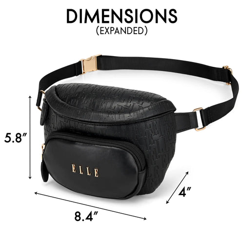 Dimensions and specifications for ELLE Wayfarer 1.8L Vegan Leather Monogram Crossbody / Belt Bag | Black