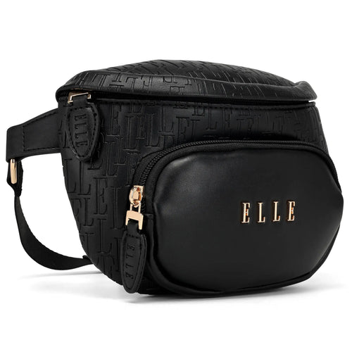 ELLE Wayfarer 1.8L Vegan Leather Monogram Crossbody / Belt Bag | Black in black, featuring vegan leather