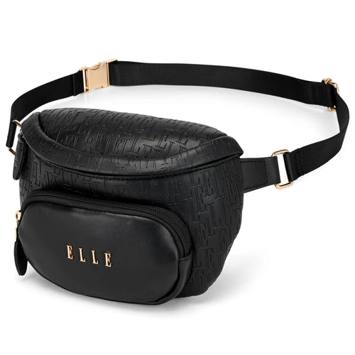 ELLE Wayfarer 1.8L Vegan Leather Monogram Crossbody / Belt Bag | Black in black, featuring vegan leather