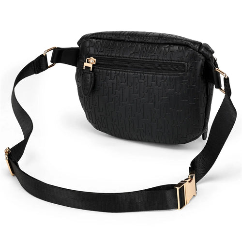Back view of ELLE Wayfarer 1.8L Vegan Leather Monogram Crossbody / Belt Bag | Black