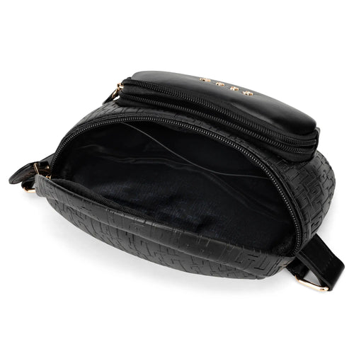 empty interior of Wayfarer 1.8L Vegan Leather Monogram Crossbody / Belt Bag | Black showing storage options