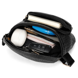 interior of Wayfarer 1.8L Vegan Leather Monogram Crossbody / Belt Bag | Black showing storage options