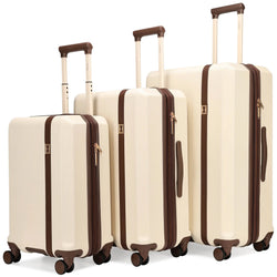 ELLE Luxe Journey 3 Piece Expandable Retro Spinner Luggage Set in champagne, featuring detachable toiletry bag