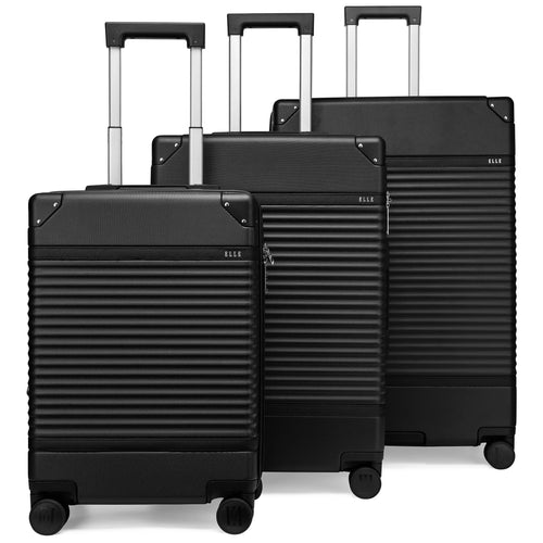 ELLE Belleville 3 Piece Expandable Retro Spinner Luggage Set in black, featuring polycarbonate-abs