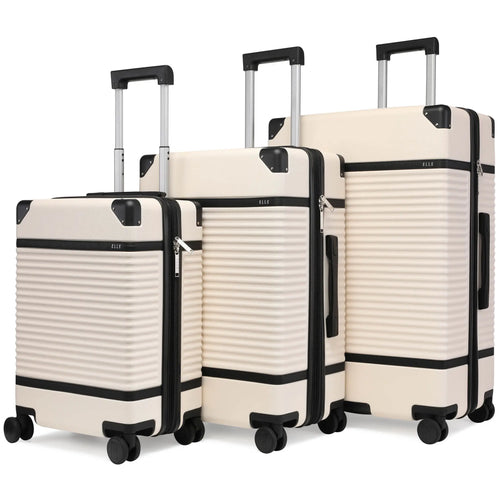ELLE Belleville 3 Piece Expandable Retro Spinner Luggage Set in black, featuring polycarbonate-abs