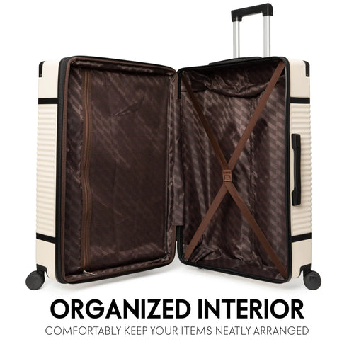 interior of Belleville 3 Piece Expandable Retro Spinner Luggage Set showing storage options