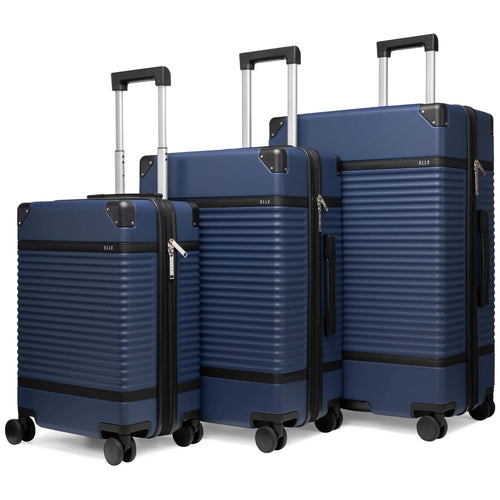 ELLE Belleville 3 Piece Expandable Retro Spinner Luggage Set in black, featuring polycarbonate-abs