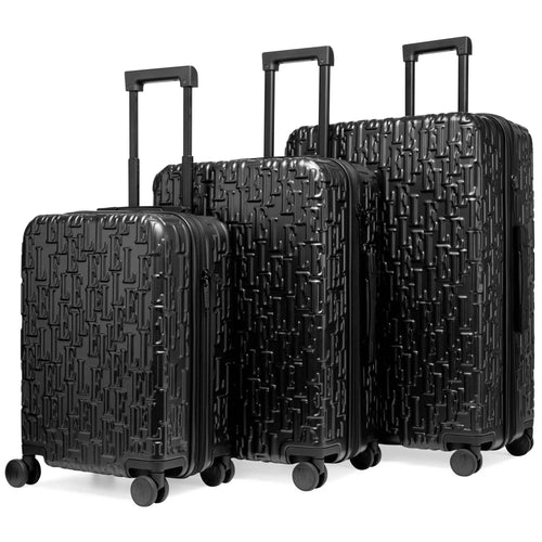 Angle view of ELLE Wayfarer Expandable Sleek Monogram 3-Piece Luggage Set in Navy