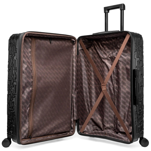 interior of Wayfarer Expandable Sleek Monogram 3-Piece Luggage Set showing storage options