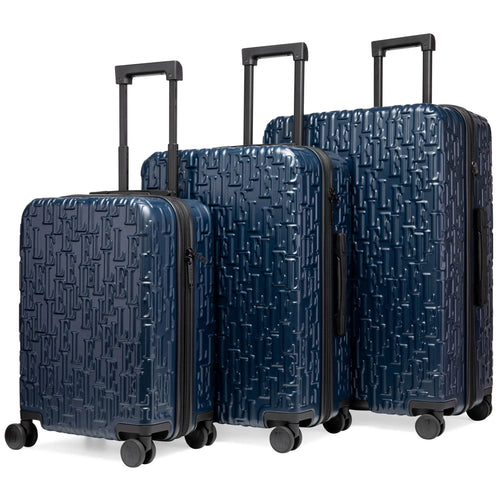 ELLE Wayfarer Expandable Sleek Monogram 3-Piece Luggage Set in Navy, featuring monogram