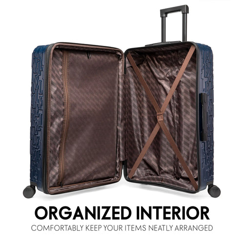 interior of Wayfarer Expandable Sleek Monogram 3-Piece Luggage Set showing storage options