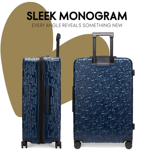 Angle view of ELLE Wayfarer Expandable Sleek Monogram 3-Piece Luggage Set in Navy