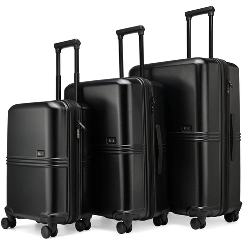 ELLE Expedition 3 Piece Expandable Polycarbonate Spinner Luggage Set in black, featuring detachable toiletry bag