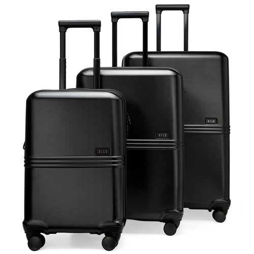ELLE Expedition 3 Piece Expandable Polycarbonate Spinner Luggage Set in black, featuring detachable toiletry bag