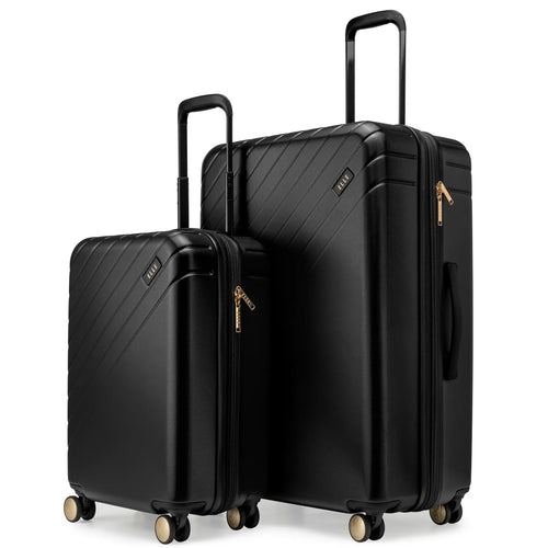 ELLE Expedition 3 Piece Expandable Polycarbonate Spinner Luggage Set in black, featuring detachable toiletry bag