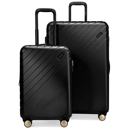 ELLE Expedition 3 Piece Expandable Polycarbonate Spinner Luggage Set in black, featuring detachable toiletry bag